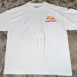 In-N-Out White T-Shirt • In-N-Out Logo On Front of Shirt • Orange Hot Rod Back